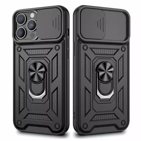 For iPhone 16 15 14 13 12 11 Hybrid Shockproof Case Camera Lens Cover Ring Stand