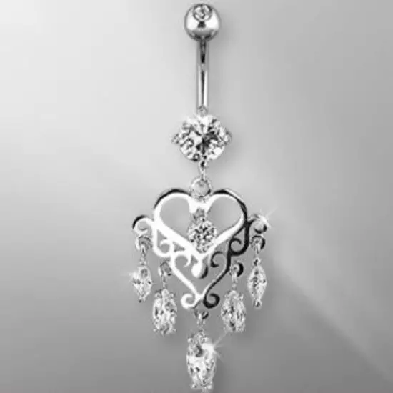 316L Surgical Steel Gemmed Chandelier Heart Dangle Navel Ring