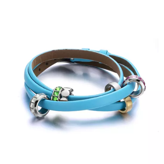 Light Blue Genuine Leather Bracelet - Bead Crystal and Stainless Steel Bracelet