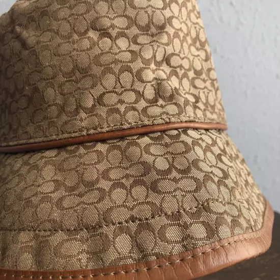 Coach Brown Signature Jacquard Hat M/L Small Monogram Logo Pattern Leather Trim