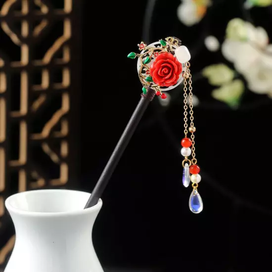 Womens Wooden Hair Stick Pins Chopstick Handmade Flower Hairpins Chinese Style