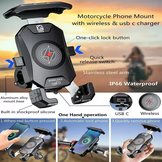 KEWIG Waterproof Motorcycle Phone Mount Qi 15W Wireless & USB C 20W Fast Chargei