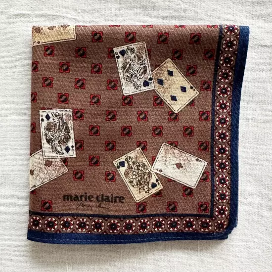 Handkerchief Vintage Brown Cotton Card Game & Geometric Red Pattern Hankie 18"