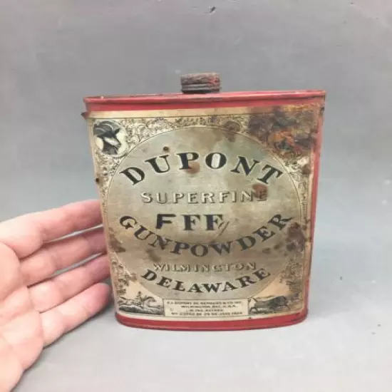 Dupont Gunpowder Tin Can Paper Label Vintage Red Metal Superfine FFFg 6 1/2"