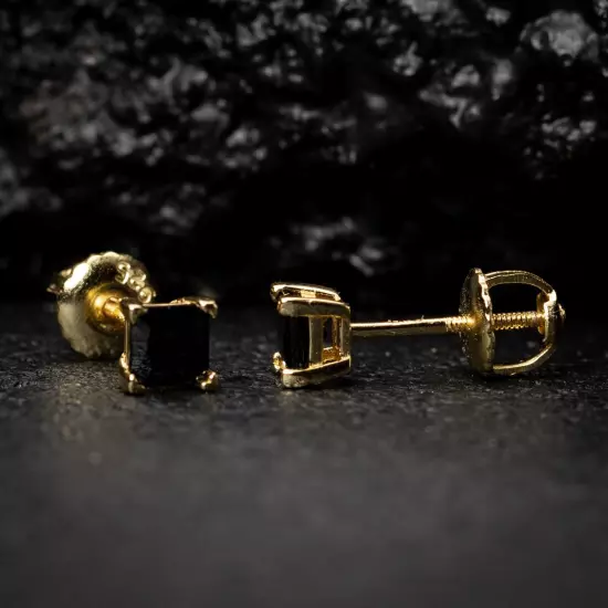 14K Gold Plated Men's Black Onyx Cz Princess Cut Stud Screw Back Post Earrings