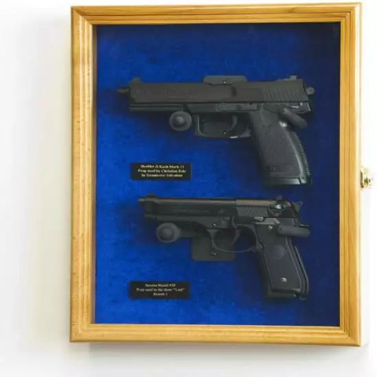 Gun Display Case 2 Guns Oak Blue Solid Wood Handgun Pistol Revolver Lock Frame 