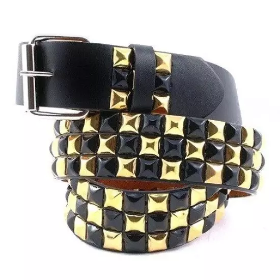 Mens Womens 3-Row Metal Pyramid Studded Leather Belt Checker Punk Rock Goth Emo