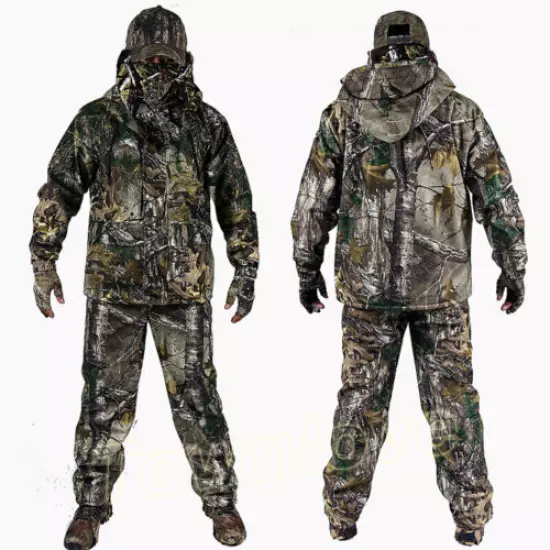 Mens Winter Bionic Camo Thicken Fleece Hunting Clothes Tactical Waterproof Suits