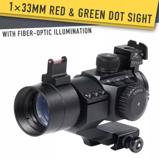 Pinty 4MOA Green & Red Dot Sight Rifle Scope w Fiberoptic Front Sight Rail Mount