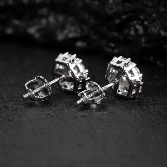 Men's Iced Octagon Flower Cluster 925 Sterling Silver Stud Screw Back Earrings