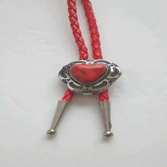 Heart Shape Bolo Tie W/ Red Stone, 36" 4mm Red Braided Cord,W/Silver Tips