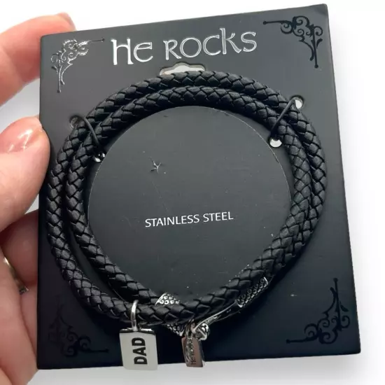 NWT He Rocks Men's Stainless Steel Dad Leather Wrap Bracelet in Black NEW