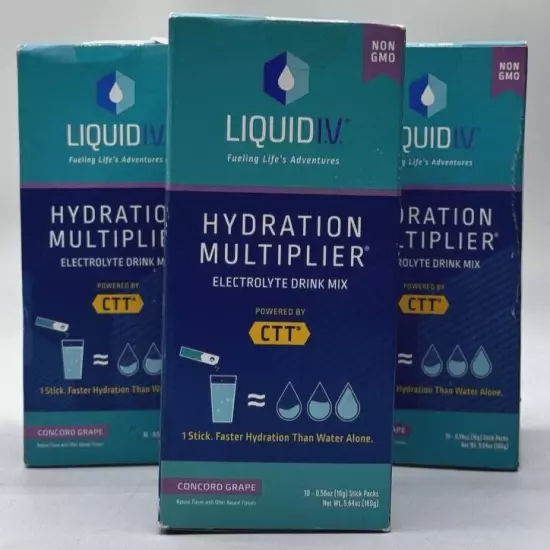 Liquid I.V. Hydration Multiplier Electrolyte 10 Sticks Grape, Pack of 3, ASK EXP