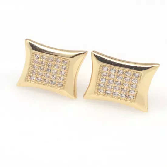 Mens 925 Sterling Silver Cz Square Stud Earrings Pave Studs 10mm Gold