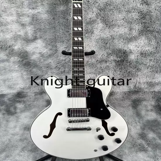 Semi Hollow ES-335 White Electric Guitar HH Pickup Black Pickguard Maple Neck 