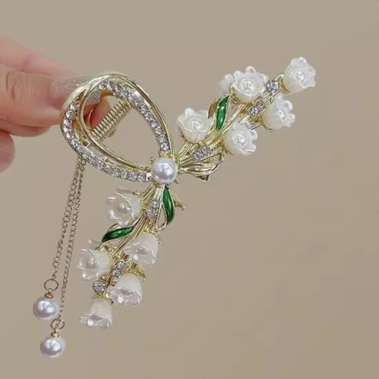 Large Rhinestone Hair Claw Pearl Flower Tassels Fan-shaped Metal Ponytail Clip