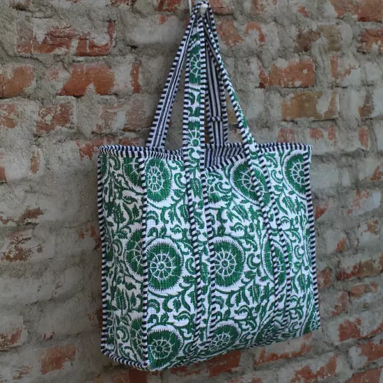 Indian Green Hand Block Quilted Shoulder Bag Women's Beach 100%Cotton Handbag US