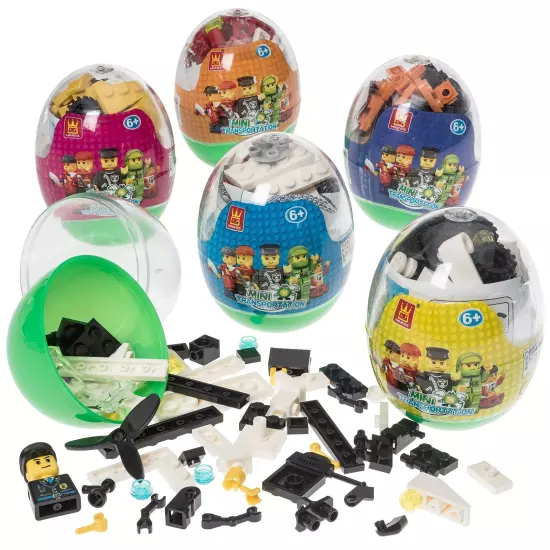 Easter eggs filled with Building Brick blocks toys. 6 eggs each have differen...