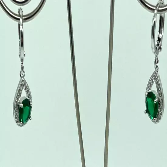 Earrings. Silver Tone Emeral Green Crystal w Clear Crystal Opal Shape Frame.