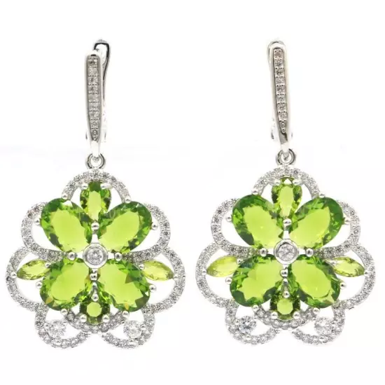 Beautiful Created Green Peridot White CZ Gift For Sister Silver Earrings