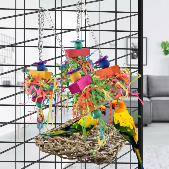 Conure Toys, Bird Grass Swing Mat Parrot Climbing Hammock with Colorful Toys for