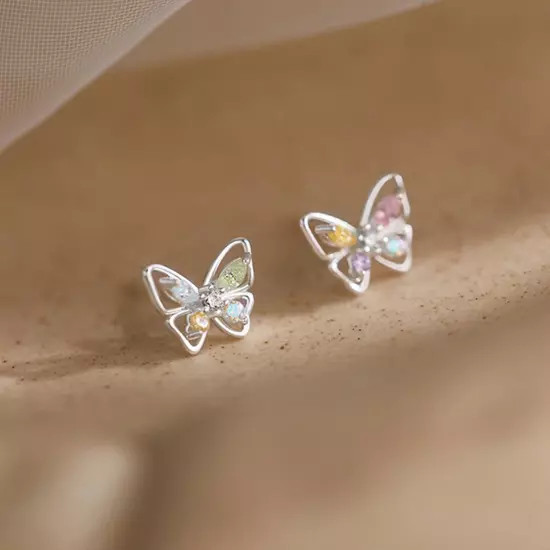 Silver Crystal Colourful Butterfly Stud Earrings Women Jewellerys 2022 Y9Y2