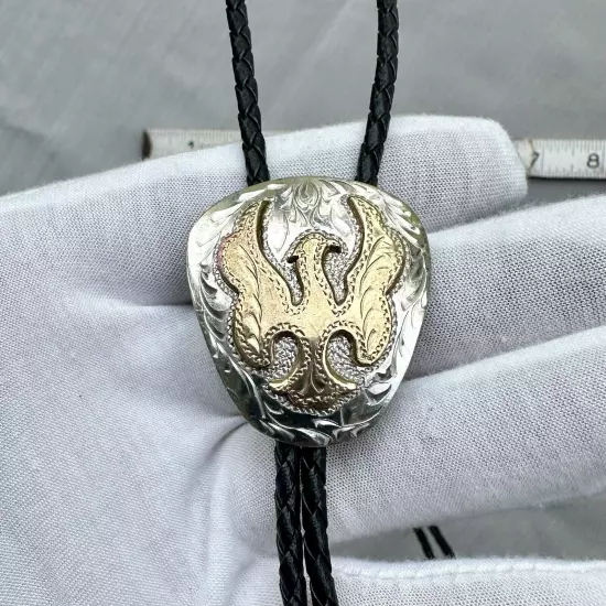 Stunning Tooled Gold And Silver Eagle Bolo Tie Vintage