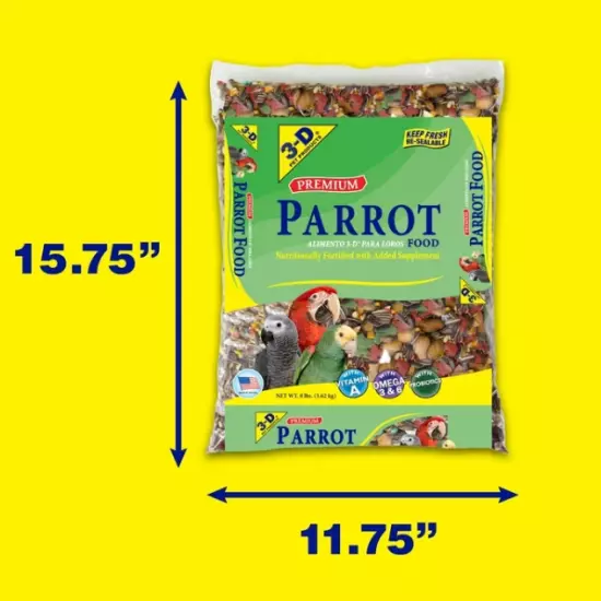 3-D Pet Products Premium Parrot Bird Food Seeds with Probiotics 8 lb. Bag