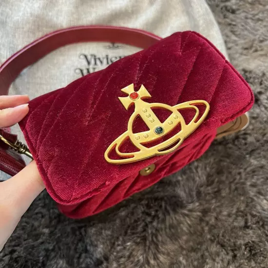 VIVIENNE WESTWOOD Nana Burgundy Velvet Hazel Quilted Clutch Purse Crossbody Bag