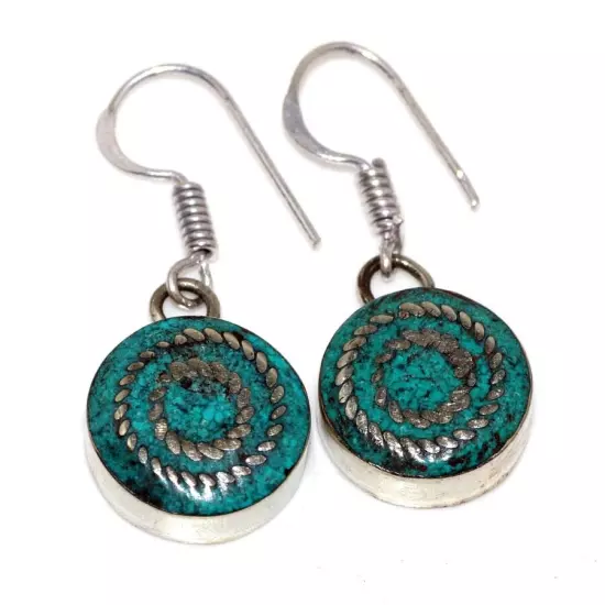 8gms Chunky Tibetan Turquoise Nepali Tribal Earrings 1.3" Valentine Jewelry JW