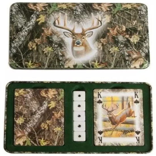 Playing Card w/Dice in Tin Choice of Fish Lure, Horse or Mossy Oak/Deer