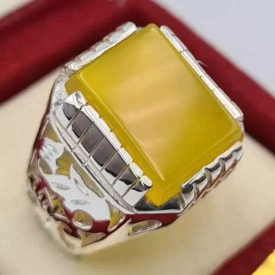 Aqeeq Akik Hakik Bague - Handmade Natural Yellow Yemeni Aqeeq Ring, Stunning Des