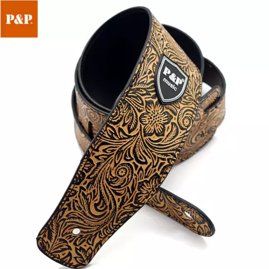 Embossed Leather Adjustable Guitar Strap for Electric Acoustic and Bass Guitar