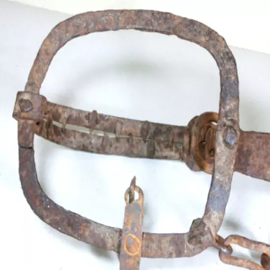 18thC Antique Hand Forged Iron Animal Trap Wrought Jaws and Chain w/ Double Hook