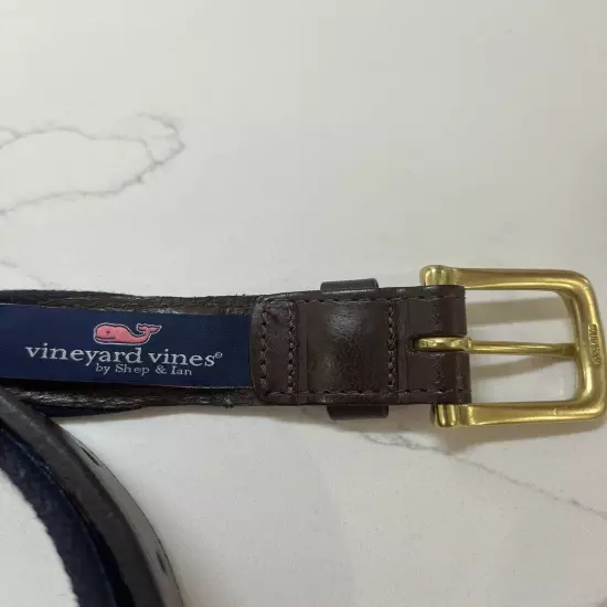 VINEYARD VINES Men's NAVY Leather Trim CANVAS AMERICAN FLAG PATRIOT BELT Size 40