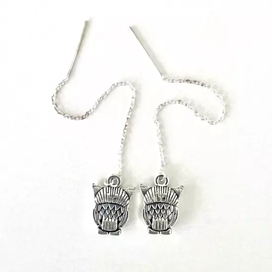 "IAJ" Owls Sterling Silver Ear Threads Threader Earrings