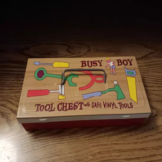 Vtg Busy Boy Tool Chest With Safe Vinyl Tools Ohio Art Co Metal Box Hinged Lid