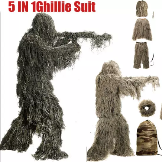 Ghillie Suit Hunting Camo in Woodland & Dry Grass 3D Camouflage Hunting 5PCS