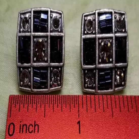 Lovely Square Crystal and Silvertone Checkerboard Pierced Earrings 