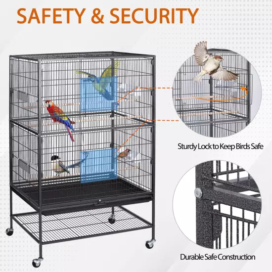 52" Large Space Parrot Bird Cage Metal Frame with Casters and Removable Sand Tra