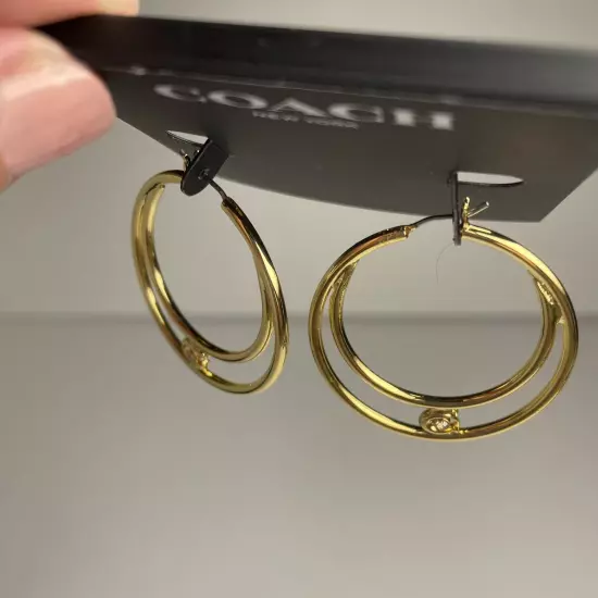 Earrings Coach Double Hoop Gold With Crystal In The Signature C New With Tags