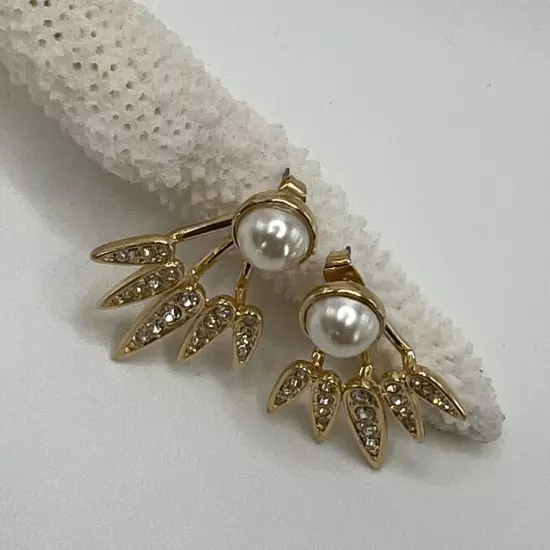 Gold Pearl Clear Swarovski Crystal Art Deco Style Drop Earrings