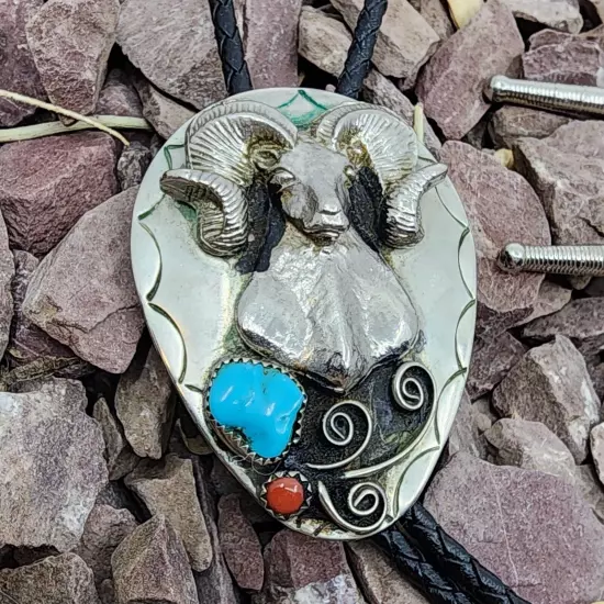 Southwest Native American Style Nickel Silver Ram Real Turquoise Coral Bolo Tie