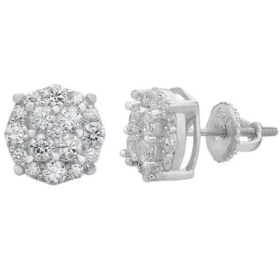 Real Solid 925 Silver Iced Simulated Diamonds Earrings 1/3" Cluster Round Studs