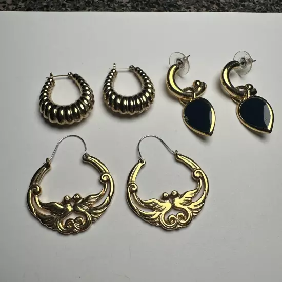 Retro Mix Hoop / Dangle Pierced Earrings Lot Of 3 Gold Tone 1 Black Enamel