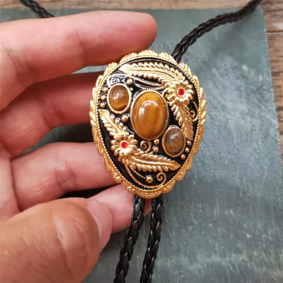 3 Tigers Eye Stone Men Bolo Tie Wedding Necklace Western Cowboy Necktie