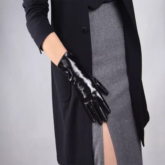 LATEX GLOVES Shine Leather Faux Patent Vegan PU 8" 21cm Short Basic Shine Black