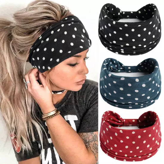 Women Boho Flower Print Wide Headband Vintage Knot Elastic Turban Headwrap *