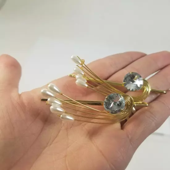 Vintage Faux Pearl Gold Tone Leaf Rhinestone Hair Clips