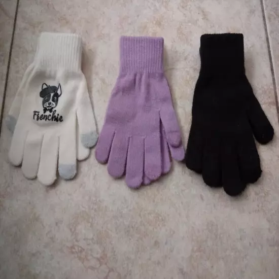 Frenchie Kids Gloves 3 Pairs: White Black Purple Ribbed Cuff Touch Screen New